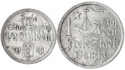 Danzig, Freie Stadt
2 Stück: 1/2 und 1 Gulden 1923. beide prägefrisch/Stempelglanz. Jaeger D 6, D 7.