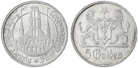 Danzig, Freie Stadt
5 Gulden 1923, Marienkirche.
fast vorzüglich, kl. Kratzer. Jaeger D 9.