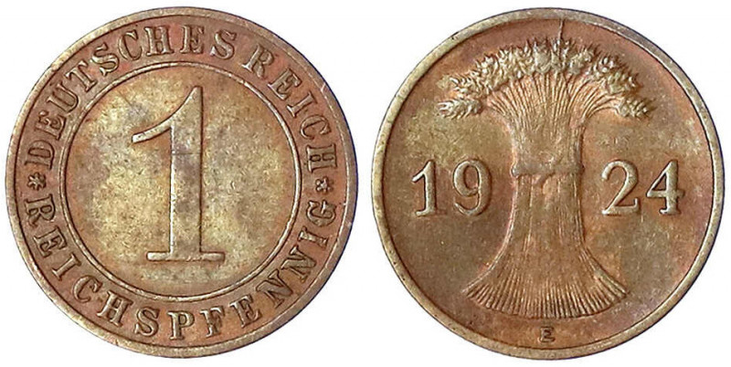 Kursmünzen
1 Reichspfennig, Kupfer 1924-1936
1924 E. vorzüglich, selten. Jaege...