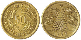 Kursmünzen
50 Rentenpfennig, messingfarben 1923-1924
1923 G. vorzüglich/Stempelglanz, kl. Schrötlingsriß am Rand. Jaeger 310.