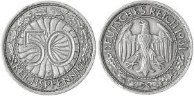 Kursmünzen
50 Reichspfennig, Nickel 1927-1938
1931 G. sehr schön, kl. Randfehler, selten. Jaeger 324.