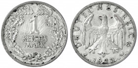 Kursmünzen
1 Reichsmark, Silber 1925-1927
1927 F. Vs. scharf gereinigt, sonst vorzüglich. Jaeger 319.