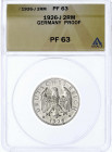 Kursmünzen
2 Reichsmark, Silber 1925-1931
1926 J. Im ANACS-Blister mit Grading PF 63.
Polierte Platte, äußerst selten. Jaeger 320.