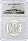 Kursmünzen
2 Reichsmark, Silber 1925-1931
1931 G. Im NGC-Blister mit Grading PF 61 (bisher wurde nur 1 Ex. höher gegradet).
Polierte Platte, kl. Kr...