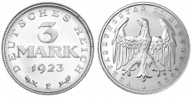 Kursmünzen
3 Mark, Aluminium mit Umschrift 1922-1923
1923 E. Polierte Platte. Jaeger 303.