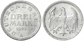 Kursmünzen
3 Mark, Silber 1924-1925
1924 A. fast Stempelglanz, Prachtexemplar. Jaeger 312.