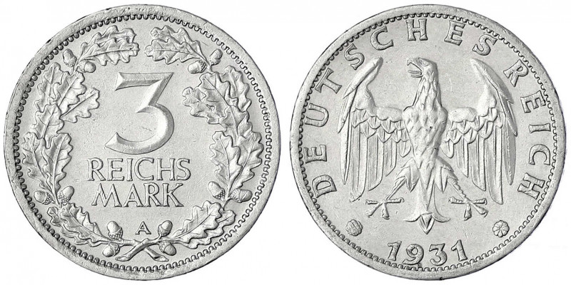 Kursmünzen
3 Reichsmark, Silber 1931-1933
1931 A. gutes vorzüglich, kl. Kratze...