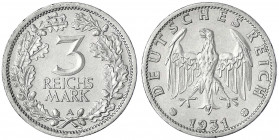 Kursmünzen
3 Reichsmark, Silber 1931-1933
1931 A. gutes vorzüglich, kl. Kratzer und min. Randfehler. Jaeger 349.