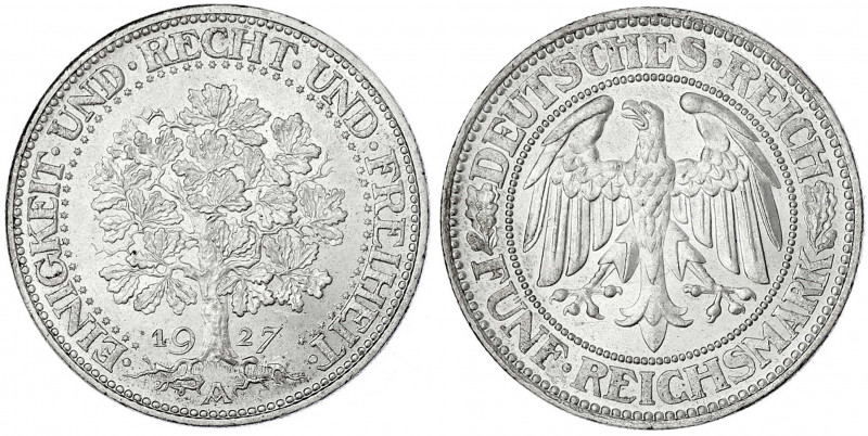 Kursmünzen
5 Reichsmark Eichbaum Silber 1927-1933
1927 A. Stempelglanz, winz. ...