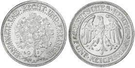 Kursmünzen
5 Reichsmark Eichbaum Silber 1927-1933
1927 A. Stempelglanz, winz. Kratzer. Jaeger 331.