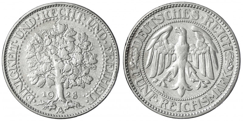 Kursmünzen
5 Reichsmark Eichbaum Silber 1927-1933
1928 A. fast sehr schön, kl....