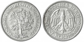 Kursmünzen
5 Reichsmark Eichbaum Silber 1927-1933
1928 A. fast sehr schön, kl. Kratzer. Jaeger 331.