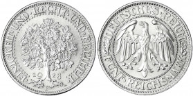 Kursmünzen
5 Reichsmark Eichbaum Silber 1927-1933
1928 F. Stempelglanz, Prachtexemplar, sehr selten in dieser Erhaltung. Jaeger 331.