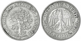 Kursmünzen
5 Reichsmark Eichbaum Silber 1927-1933
1928 J. sehr schön/vorzüglich, winz. Randfehler. Jaeger 331.