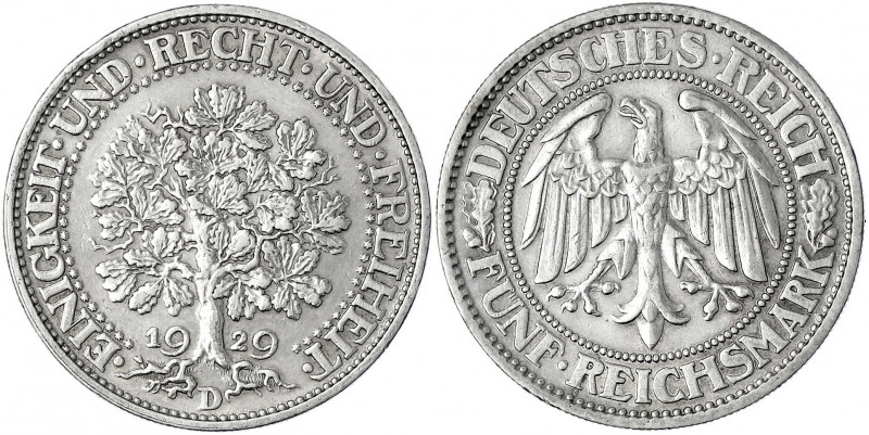 Kursmünzen
5 Reichsmark Eichbaum Silber 1927-1933
1929 D. gutes sehr schön, kl...