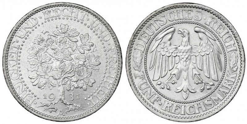 Kursmünzen
5 Reichsmark Eichbaum Silber 1927-1933
1931 A. fast Stempelglanz, P...