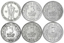 Gedenkmünzen
3 Reichsmark Rheinlande
6 Stück: 1925 A,D,E,F,G,J. Komplette Serie.
meist sehr schön/vorzüglich. Jaeger 321(6).