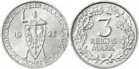 Gedenkmünzen
3 Reichsmark Rheinlande
1925 D. vorzüglich/Stempelglanz. Jaeger 321(6).