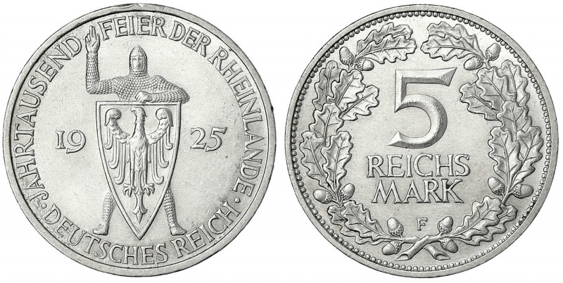 Gedenkmünzen
5 Reichsmark Rheinlande
1925 F. vorzüglich, kl. Randfehler. Jaege...