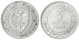Gedenkmünzen
3 Reichsmark Lübeck
1926 A. fast Stempelglanz, selten in dieser Erhaltung. Jaeger 323.