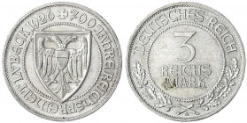 Gedenkmünzen
3 Reichsmark Lübeck
1926 A. gutes vorzüglich. Jaeger 323.