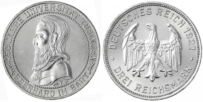 Gedenkmünzen
3 Reichsmark Tübingen
1927 F. prägefrisch/fast Stempelglanz. Jaeg...