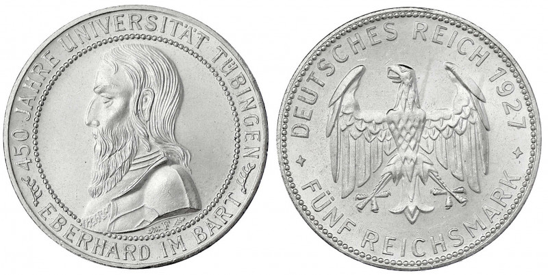 Gedenkmünzen
5 Reichsmark Tübingen
1927 F. fast Stempelglanz, selten in dieser...