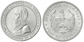Gedenkmünzen
5 Reichsmark Tübingen
1927 F. fast Stempelglanz, selten in dieser Erhaltung. Jaeger 329.