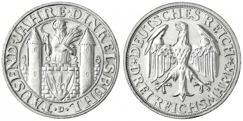 Gedenkmünzen
3 Reichsmark Dinkelsbühl
1928 D. vorzüglich/Stempelglanz. Jaeger ...