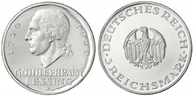 Gedenkmünzen
3 Reichsmark Lessing
1929 E. nur min. berührt, sehr selten. Jaeger 335.
