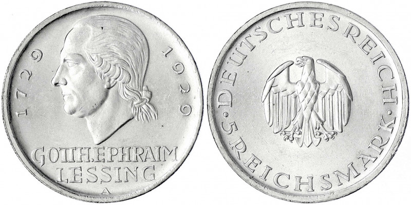 Gedenkmünzen
5 Reichsmark Lessing
1929 A. prägefrisch/fast Stempelglanz. Jaege...