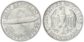 Gedenkmünzen
3 Reichsmark Zeppelin
1930 A. vorzüglich/Stempelglanz. Jaeger 342.