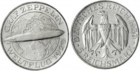 Gedenkmünzen
5 Reichsmark Zeppelin
1930 A. vorzüglich, kl. Kratzer. Jaeger 343.