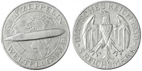 Gedenkmünzen
5 Reichsmark Zeppelin
1930 J. gutes sehr schön, kl. Randfehler. Jaeger 343.