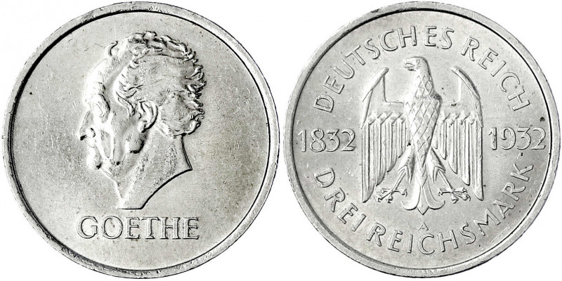 Gedenkmünzen
3 Reichsmark Goethe
1932 A. gutes vorzüglich, kl. Randfehler. Jae...