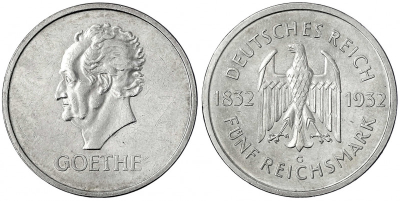 Gedenkmünzen
5 Reichsmark Goethe
1932 G. sehr schön/vorzüglich, kl. Kratzer, s...