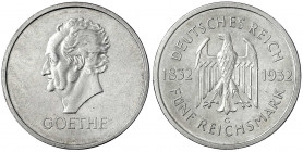 Gedenkmünzen
5 Reichsmark Goethe
1932 G. sehr schön/vorzüglich, kl. Kratzer, selten. Jaeger 351.