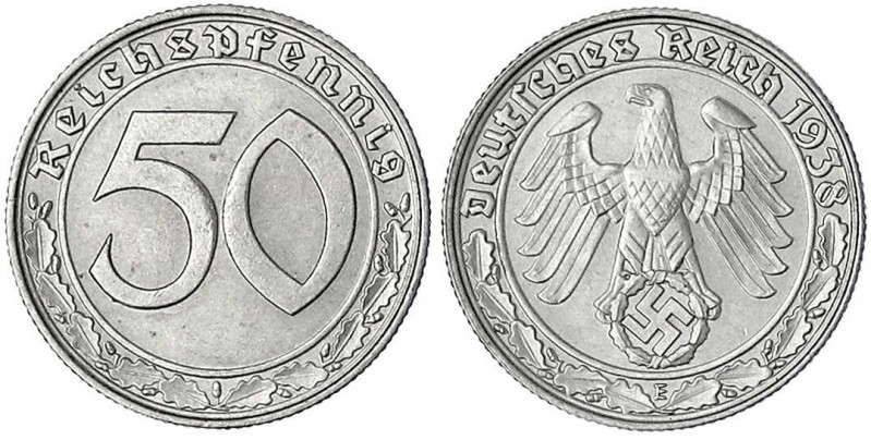 Klein/- und Kursmünzen
50 Reichspfennig, Nickel 1938-1939
1938 E. vorzüglich/S...