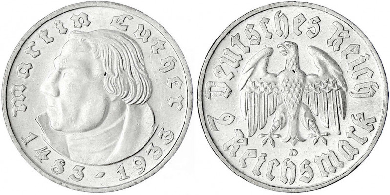 Gedenkmünzen
2 Reichsmark Luther
1933 D. fast Stempelglanz, Prachtexemplar. Ja...