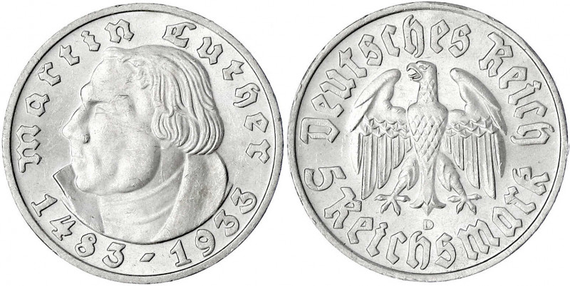 Gedenkmünzen
5 Reichsmark Luther
1933 D. fast Stempelglanz, winz. Randfehler, ...