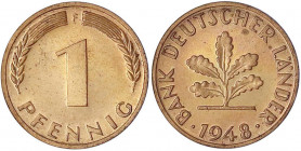 Kursmünzen
1 Pfennig, Eisen, Kupfer platt, 1948-2001
1948 F. Auflage nach Winter nur 250 Ex.
Polierte Platte, Prachtexemplar, selten. Jaeger 376.