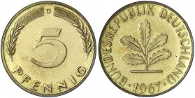 Kursmünzen
5 Pfennig, messingfarben, 1949-2001
1967 G. Polierte Platte. Jaeger 382.
