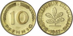 Kursmünzen
10 Pfennig, messingfarben 1949-2001
1967 G. Polierte Platte. Jaeger 383.
