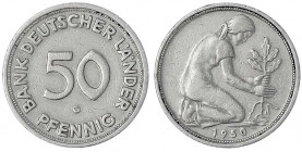 Kursmünzen
50 Pfennig, Kupfer/Nickel 1949-2001
1950 G, Bank Deutscher Länder.
sehr schön, Randfehler. Jaeger 379.