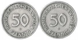 Kursmünzen
50 Pfennig, Kupfer/Nickel 1949-2001
2 X 1950 G, Bank Deutscher Länder.
sehr schön. Jaeger 379.