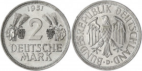 Kursmünzen
2 Deutsche Mark Ähren, Kupfer/Nickel 1951
1951 D. prägefrisch, winz. Randfehler. Jaeger 386.