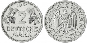 Kursmünzen
2 Deutsche Mark Ähren, Kupfer/Nickel 1951
1951 F. Auflage nur 150 Ex.
Polierte Platte, sehr selten. Jaeger 386.