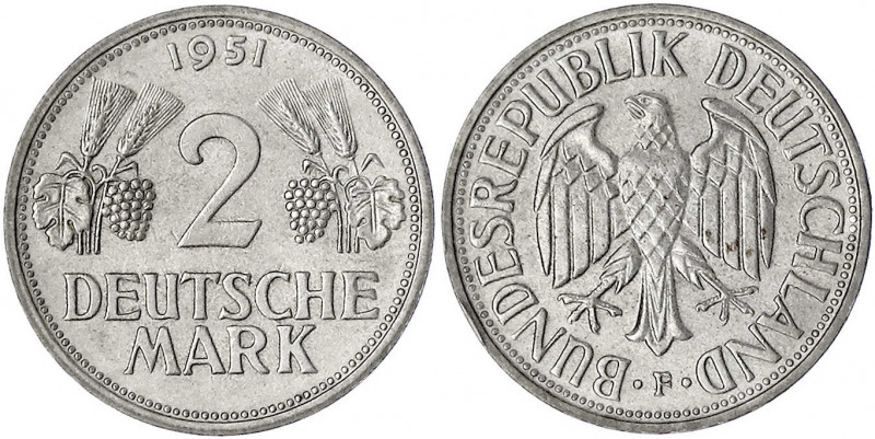 Kursmünzen
2 Deutsche Mark Ähren, Kupfer/Nickel 1951
1951 F. fast Stempelglanz...