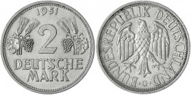 Kursmünzen
2 Deutsche Mark Ähren, Kupfer/Nickel 1951
1951 G. Stempelglanz, Prachtexemplar. Jaeger 386.