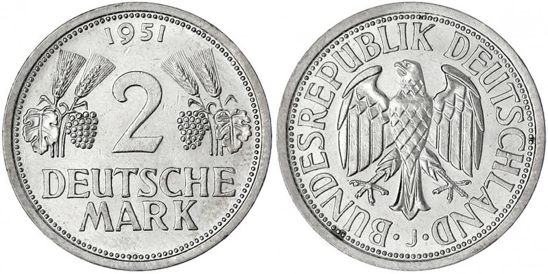 Kursmünzen
2 Deutsche Mark Ähren, Kupfer/Nickel 1951
1951 J. prägefrisch/fast ...